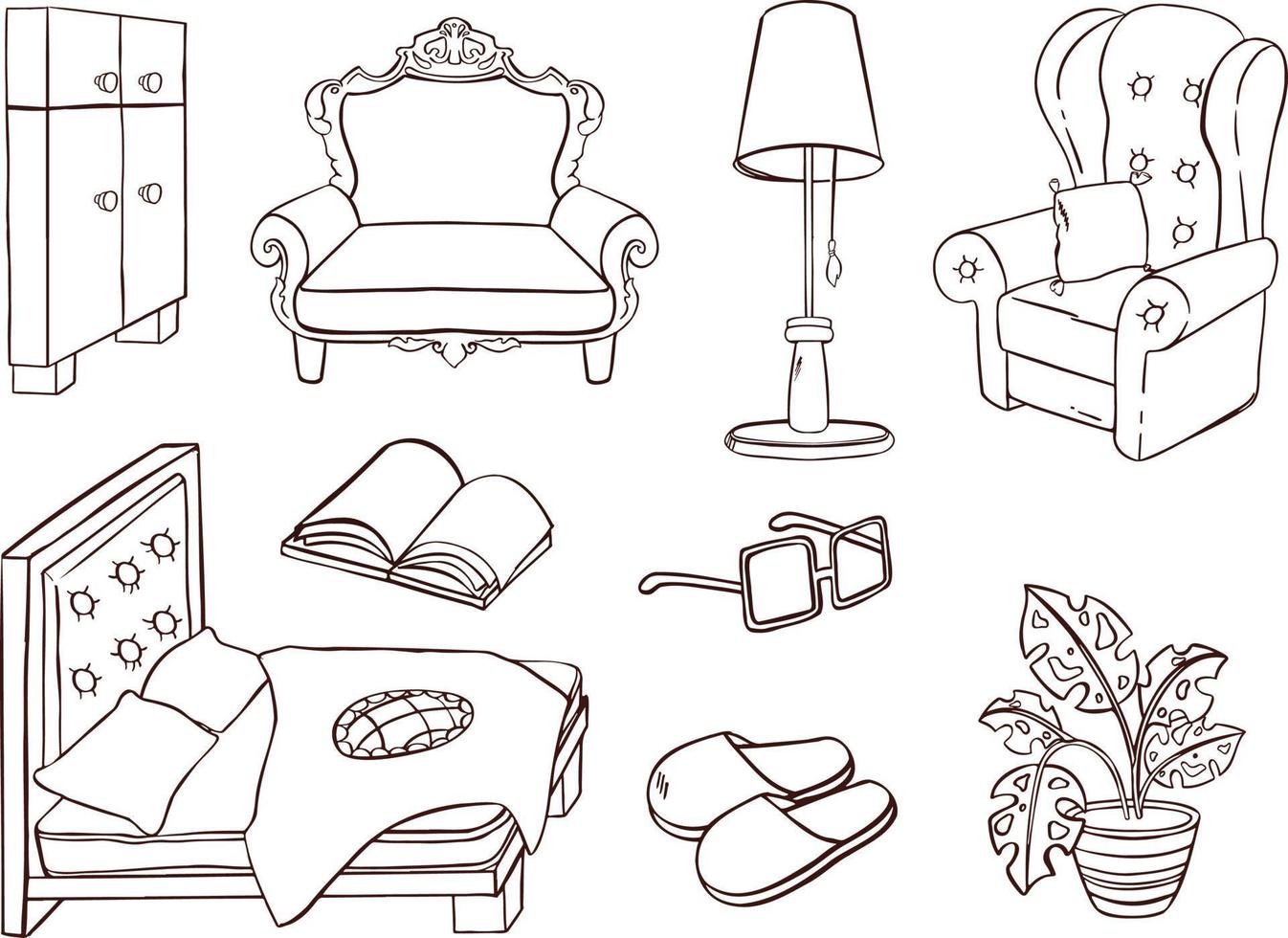 conjunto de muebles para descanso y contorno de sueño. sofá, sillón, cama. ilustración vector