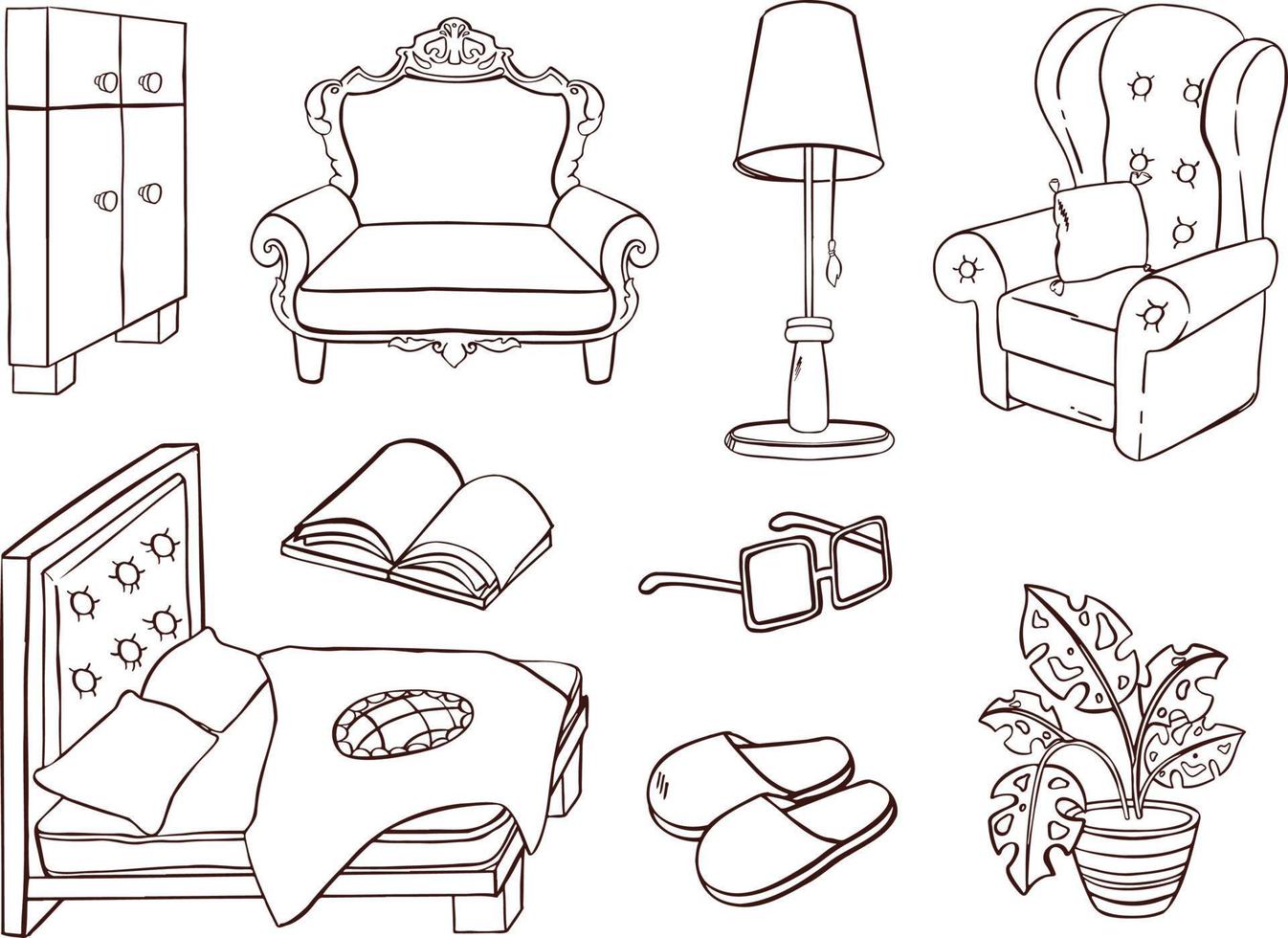 Set of furniture for rest and sleep outline. Sofa, armchair, bed. illustration vector