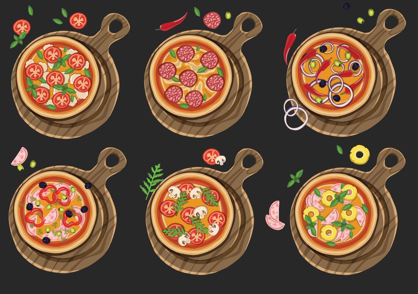 Set of pizzas with various fillings. illustration. Vector