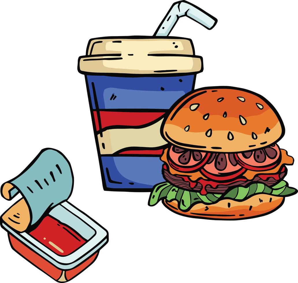 hamburguesa, hamburguesa con queso y vaso de papel con una bebida. comida rápida. colocar. icono. estilo plano vector