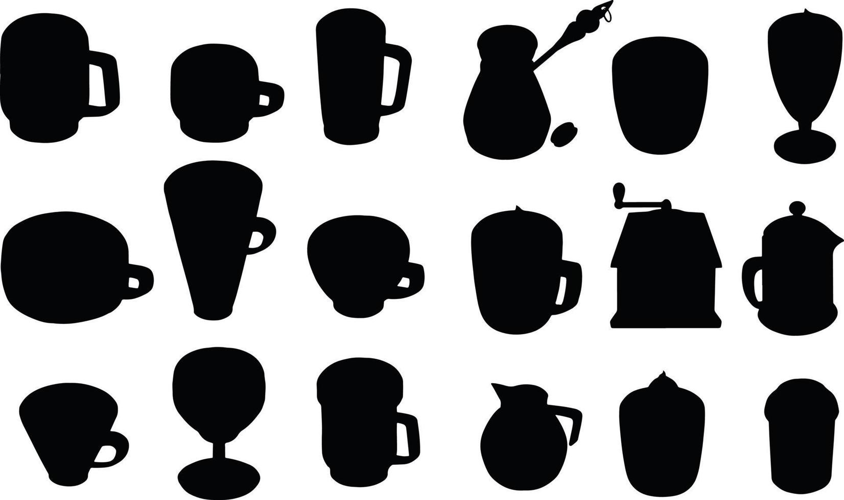 Different shapes of cups. Black silhouettes of mugs. Vector