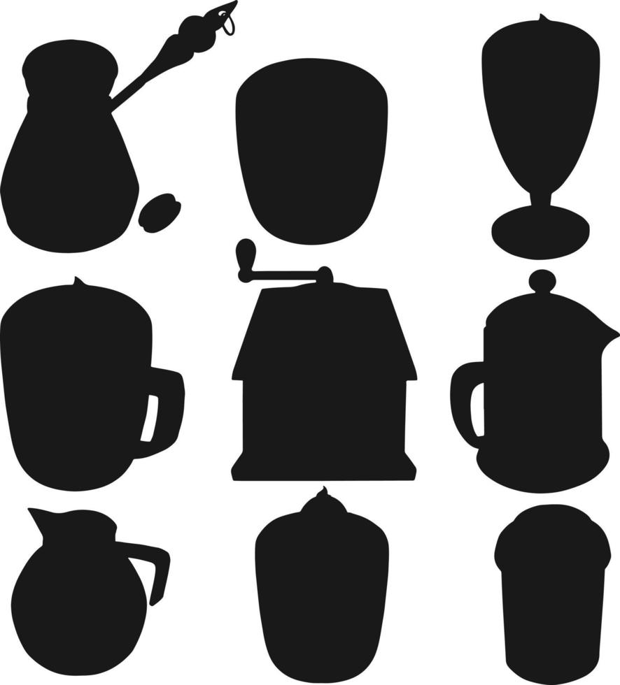 Different shapes of cups. Black silhouettes of mugs. Vector