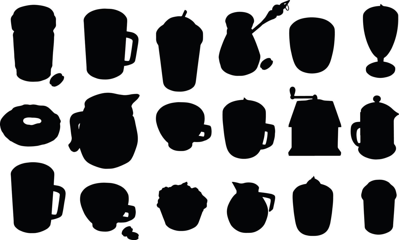 Different shapes of cups. Black silhouettes of mugs. Vector
