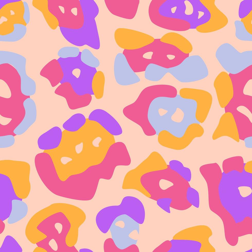 Animal skin abstract seamless pattern rainbow 90s style. Jaguar spots background. Chaotic blobs, psychedelic cat skin. Vector illustration.
