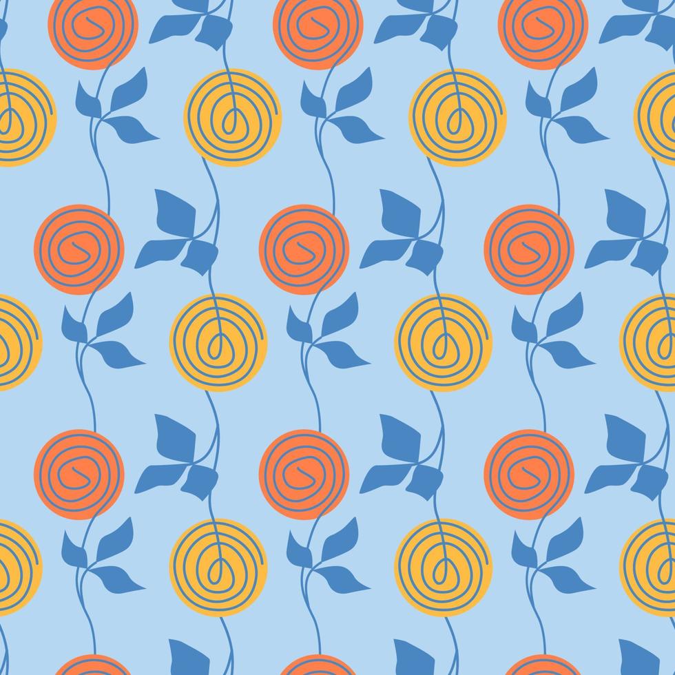 Seamless pattern with naive art hand drawn rose flowers and leaves. Retro motif cute simple background. Abstract continuous line botanical decoration. Vector illustration.