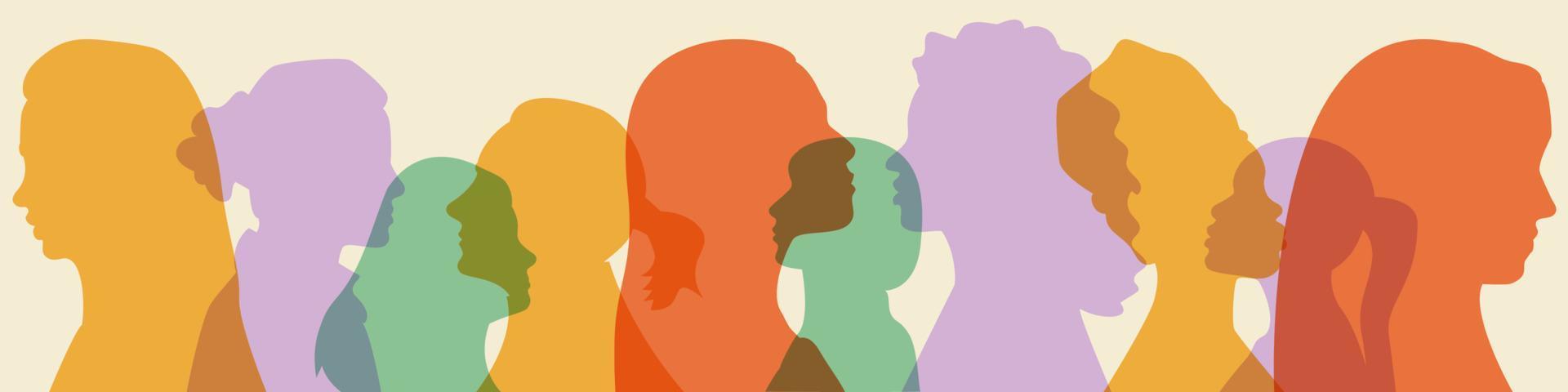 Womens head abstract silhouette in row background. Multicultural multiethnic females. Feminism allyship against gender discrimination. Girl power alliance for equal opportunities. Long banner. Vector. vector