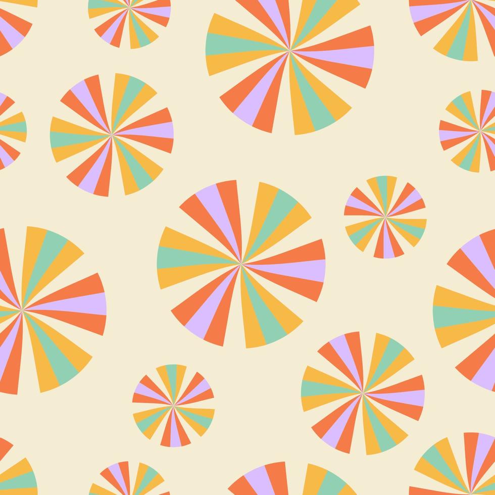 Optical illusion striped round kaleidoscopic balls seamless pattern. Psychedelic hypnotic optic art. 1970 vibe hippie cute fun hallucination background. Vector illustration.