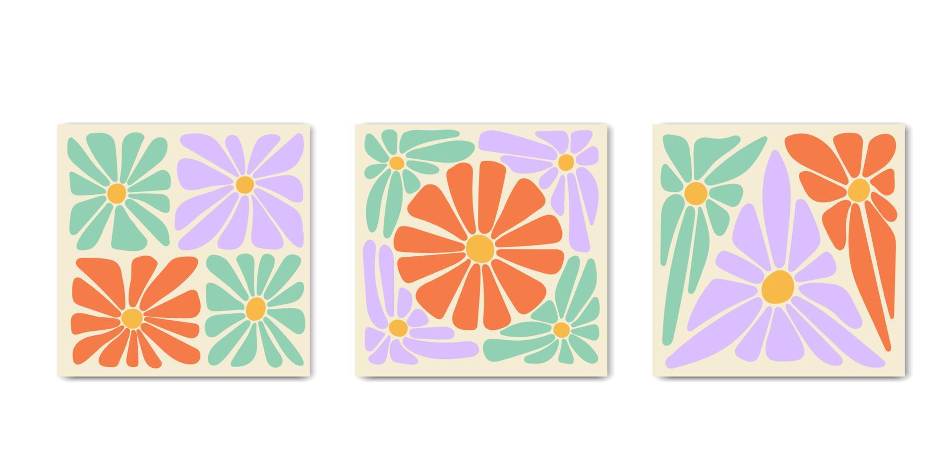 1970 daisy flowers retro square covers set. Abstract groovy trippy floral pattern. Minimalistic vintage poster card, wall art, banner, background. Vector illustration