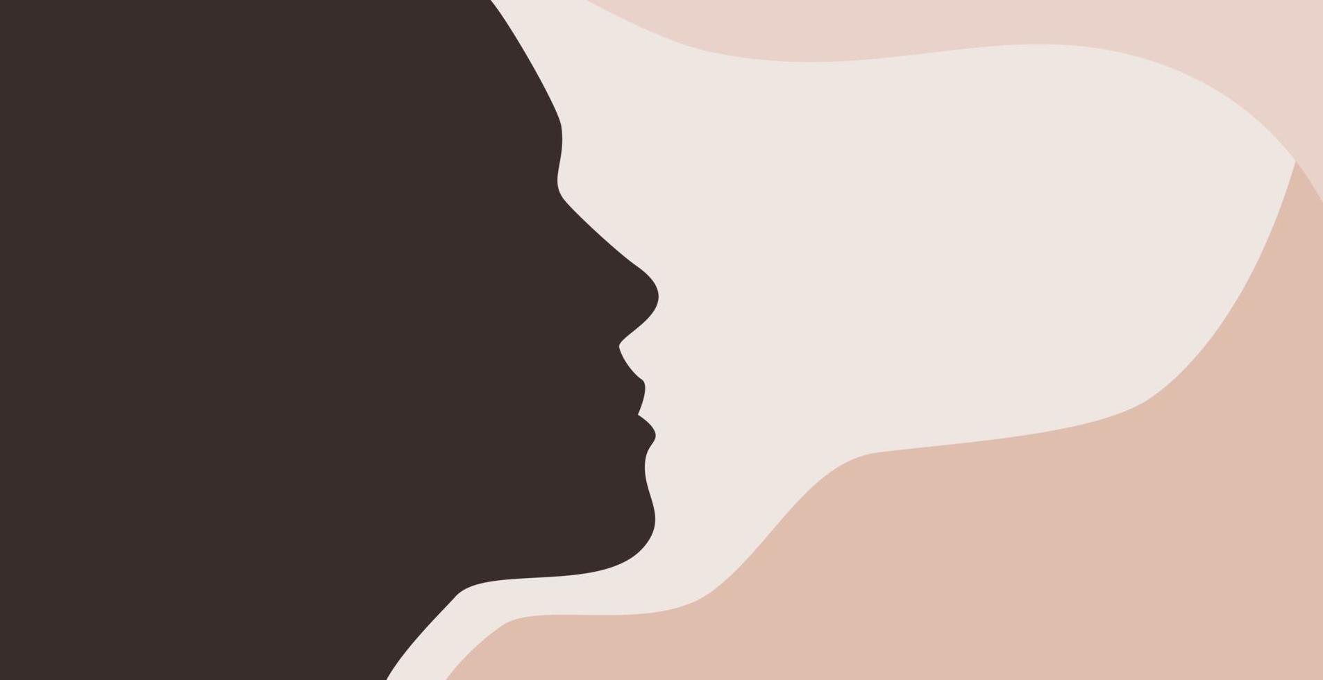 Woman face silhouette abstract banner template. Simple female profile, nude dusty colors, wavy poster flyer for international womens day, allyship, beauty sphere design. Vector illustration.