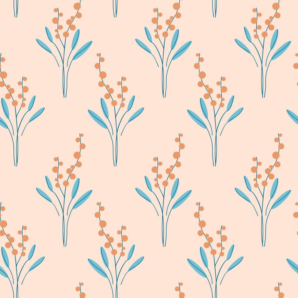 Seamless pattern with naive art hand drawn flowers and leaves. Retro cute simple 60s background. Abstract hygge botanical decoration. Heath or lavender motifs. Vector illustration.