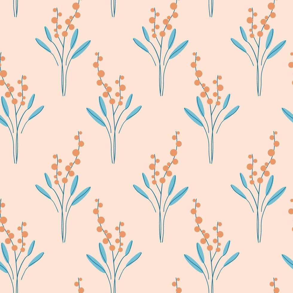 patrón sin costuras con flores y hojas dibujadas a mano de arte ingenuo. fondo retro lindo simple de los años 60. decoración botánica hygge abstracta. motivos de brezo o lavanda. ilustración vectorial vector