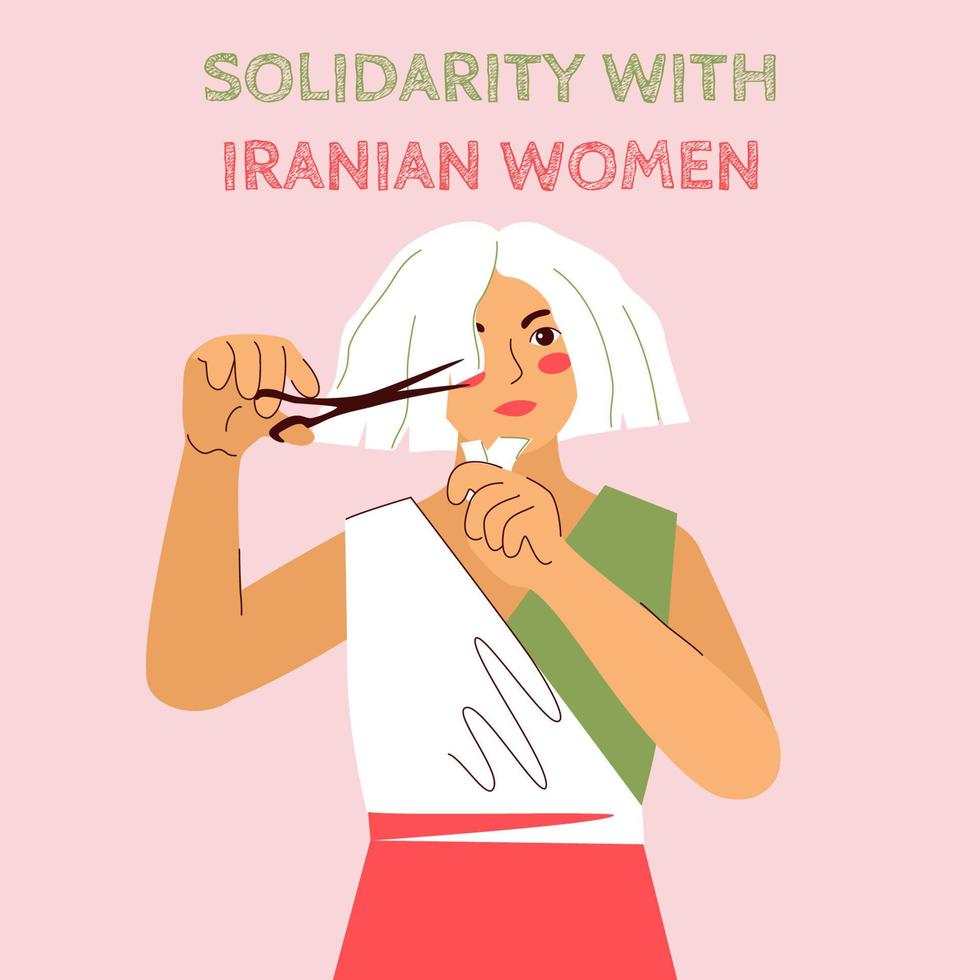 mujer vestida con los colores de la bandera iraní, sostiene tijeras y un mechón de pelo. Desafío internacional de corte de cabello en solidaridad con las mujeres de Irán. Protesta contra la violencia y la discriminación. vector. vector