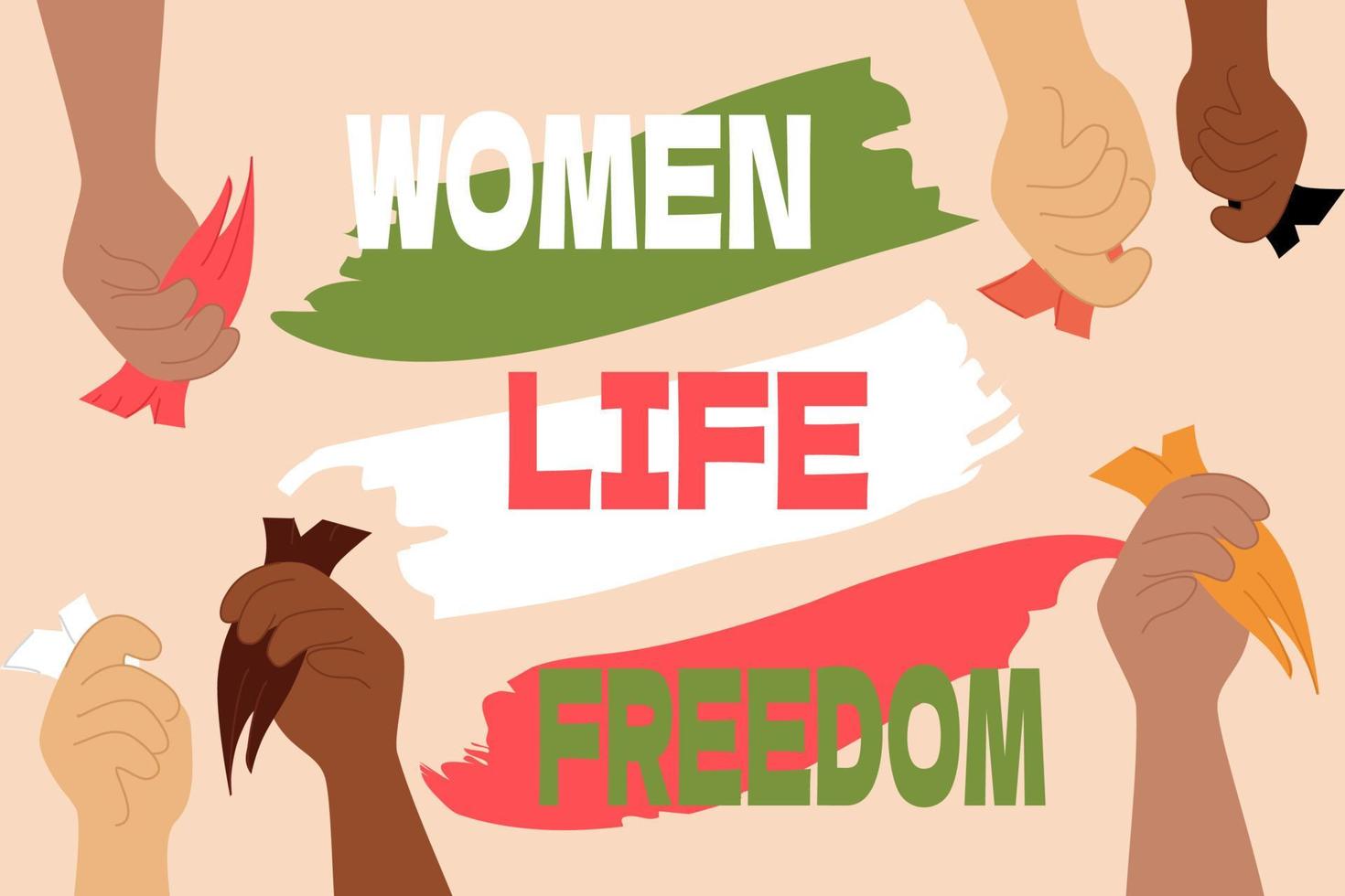 Women life freedom. Hands holding multicolored tuft of cut hair. Conceptual banner of international allyship in defense of iranian women. Brush strokes in colors of iranian flag. Iran protest. Vector. vector