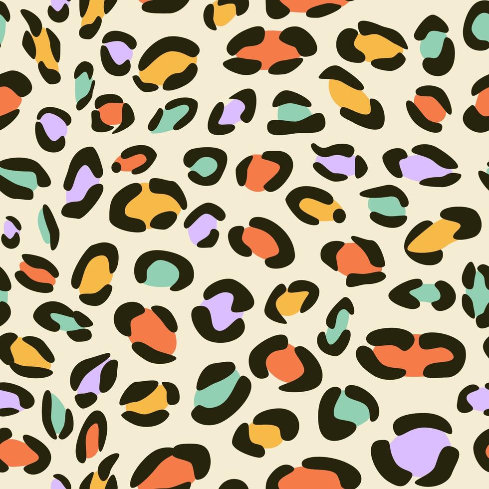Patrón sin fisuras de animales hippie de 1970. Fondo retro abstracto colorido leopardo. plantilla trippy de piel de gato psicodélico para cubrir póster textil. ilustración vectorial vector
