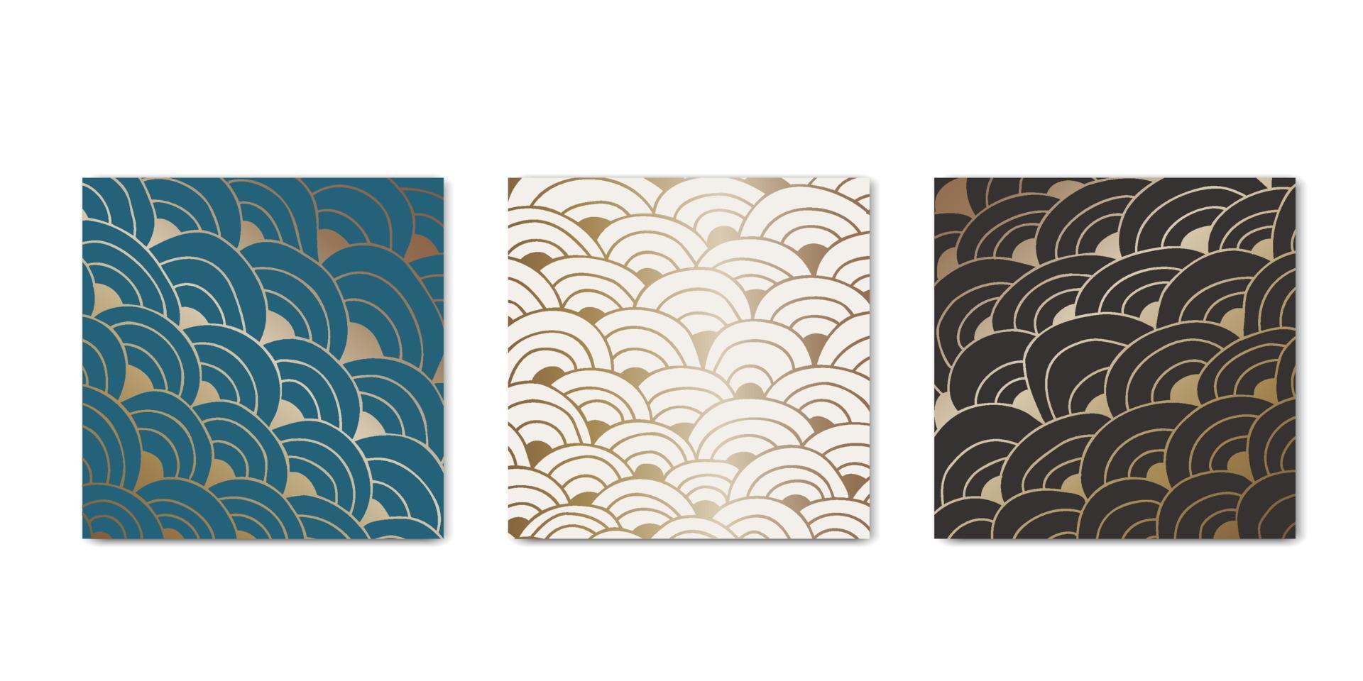 Gold japanese fluid wave vintage cover set. Abstract zentangle hypnotic squama pattern. Psychedelic background. Wall arts, poster, home decoration, social media vector illustration.