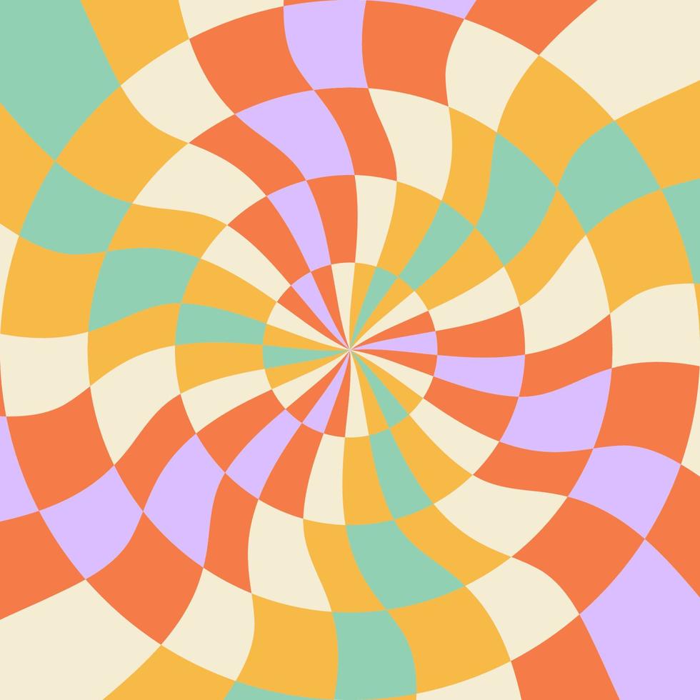 Wavy swirl psychedelic groovy pattern. 1970 trippy curvy checkered grid. 70s vibe square background. Vector illustration.