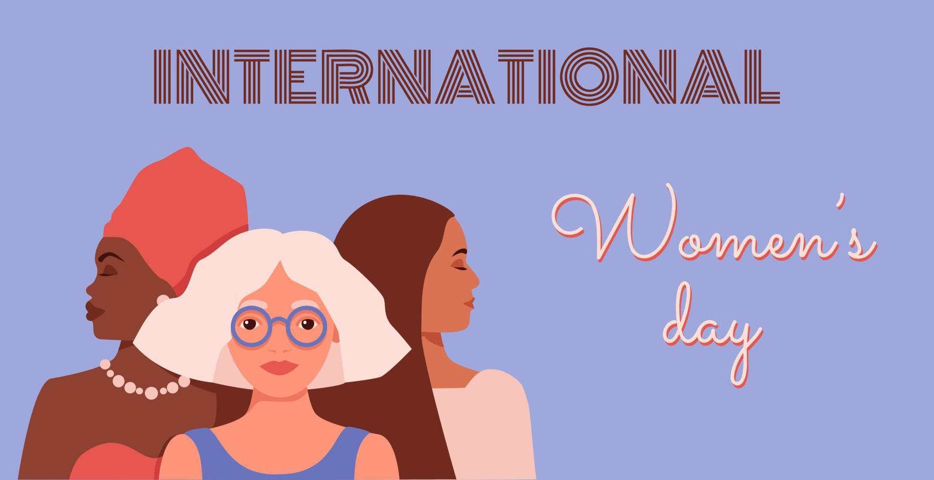 Womens history month international womens day poster. Three diverse multiracial women as symbol of multiethnic feminist allyship. Sisterhood and mutual support. Vector illustration.