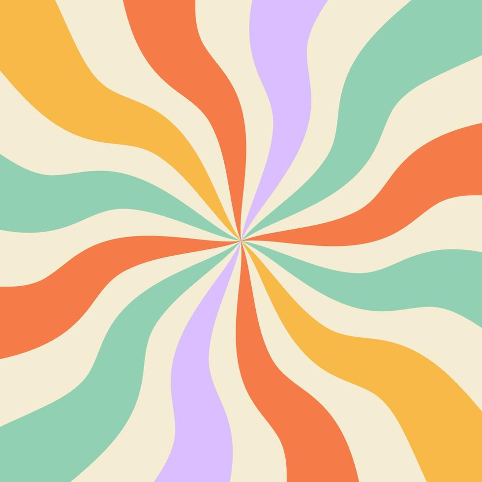 1970 abstract groovy trippy pattern. Wavy swirl seventies style. Hippie aesthetic fluid square distorted background. Psychedelic curvy beams diverging from the center. Optic illusion. vector