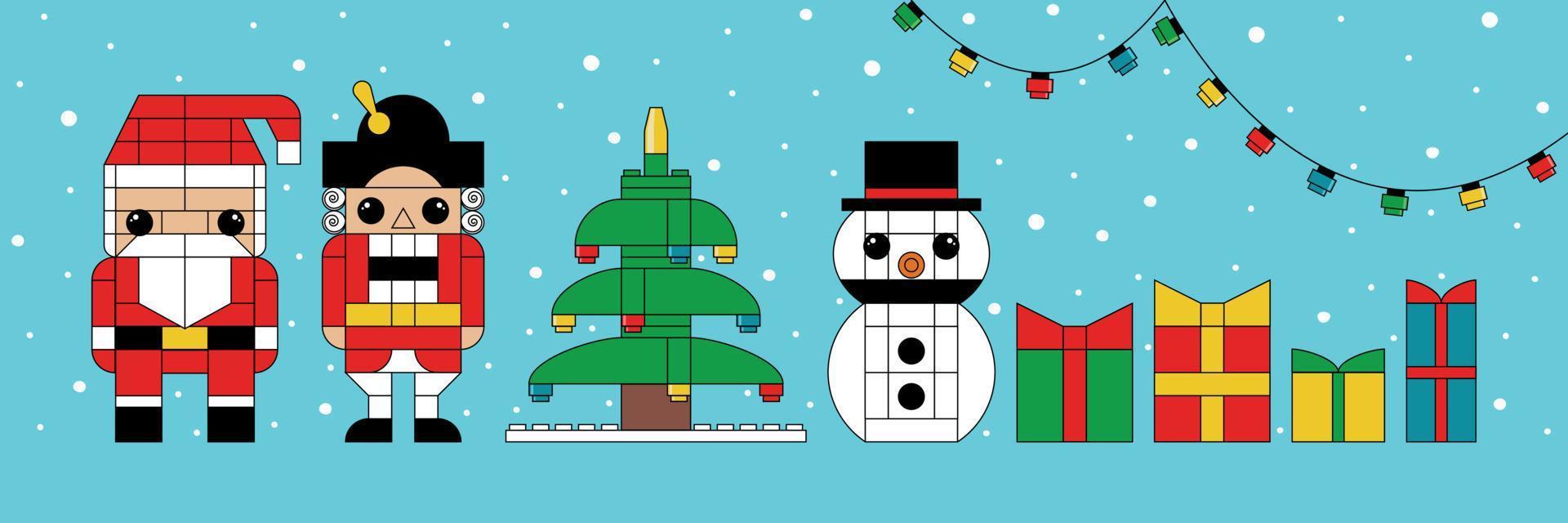 Snowman, Garland, Christmas tree, Santa Claus, Nutcracker made of plastic bricks on white background vector