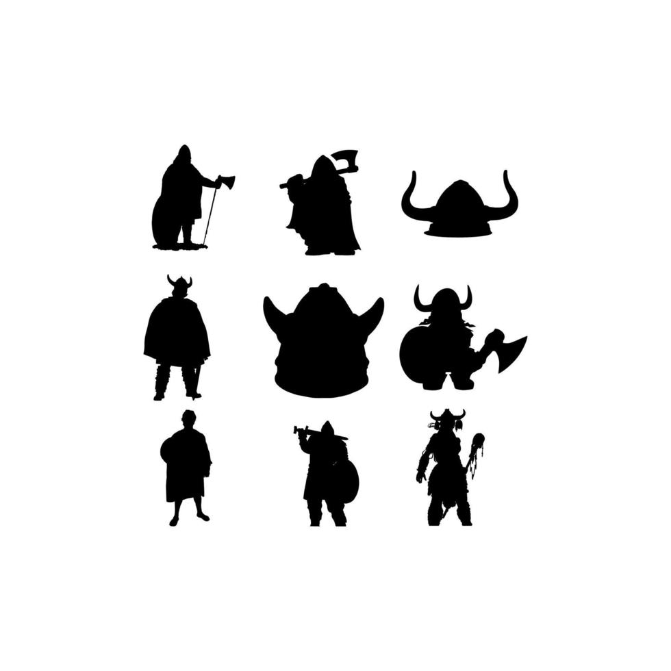 hombre, viking, conjunto, silueta, diseño vector