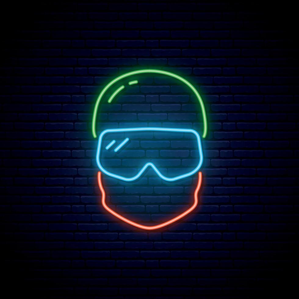Neon Snowboarder icon. Glowing Snowboarder in hat and mask. Winter sport emblem. Vector illustration in neon style.