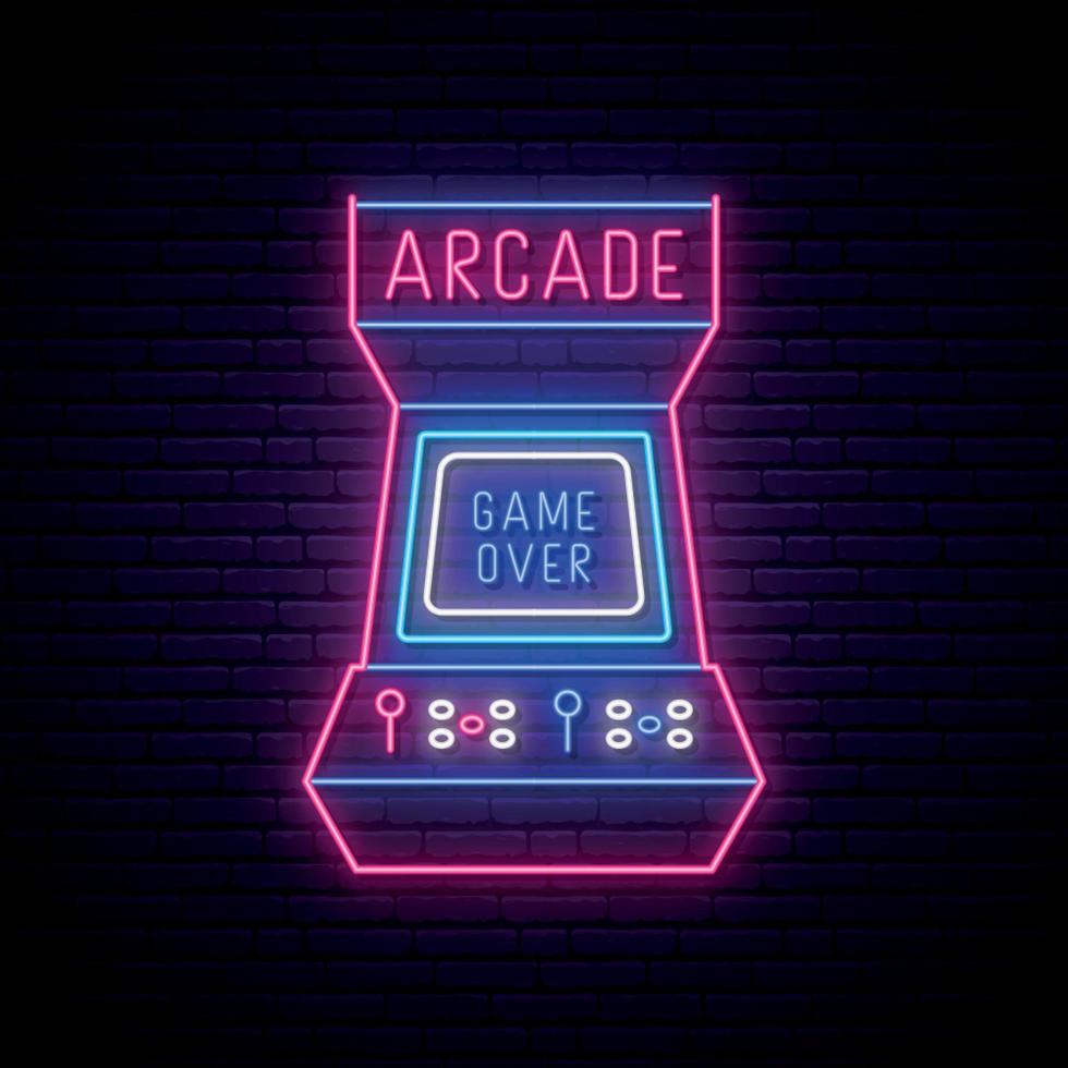 Neon arcade game machine sign . Glowing entertainment emblem, bright advertising banner. Arcade game neon signboard. Vector illustration.