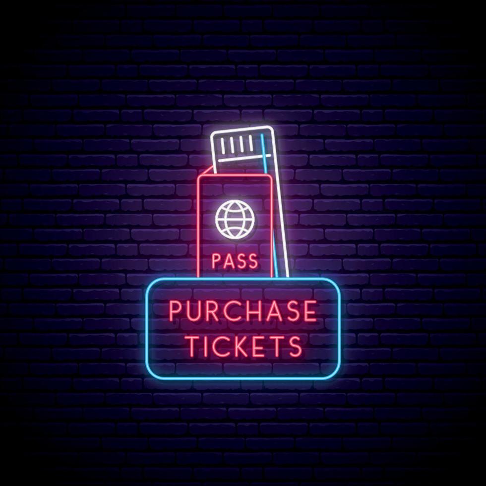 Neon tickets sign. Glowing boarding pass icon on brick wall background. Vector illustration in neon style.