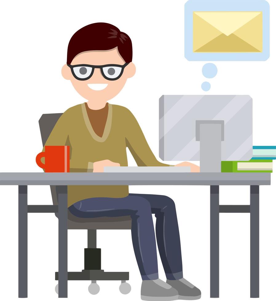 Cartoon flat illustration - young man sit at table and typing message to friend in social networks. job freelance. received emails in envelope. Boy in chat vector