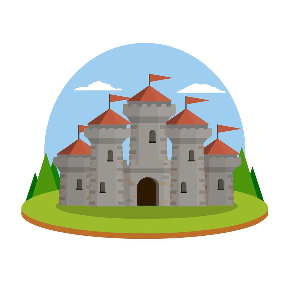 Castle with towers and walls. Defense construction. Medieval European architecture. Home of knight and king. Protection and security. Flat Icon for app and game vector