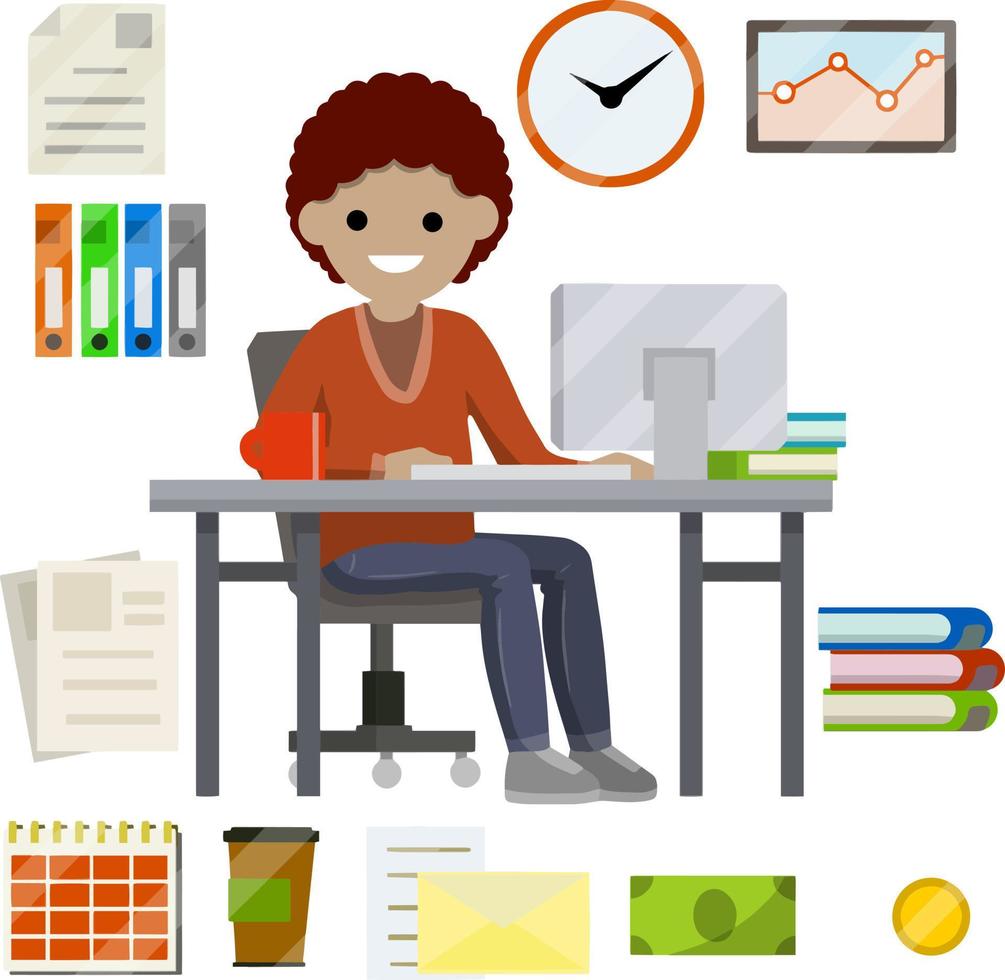 Woman sit at Desk with computer and typing message in front of monitor. Set of business icons-yellow folder, case for document, schedule, red coffee mug, cash. Flat picture. Businesswoman at work vector