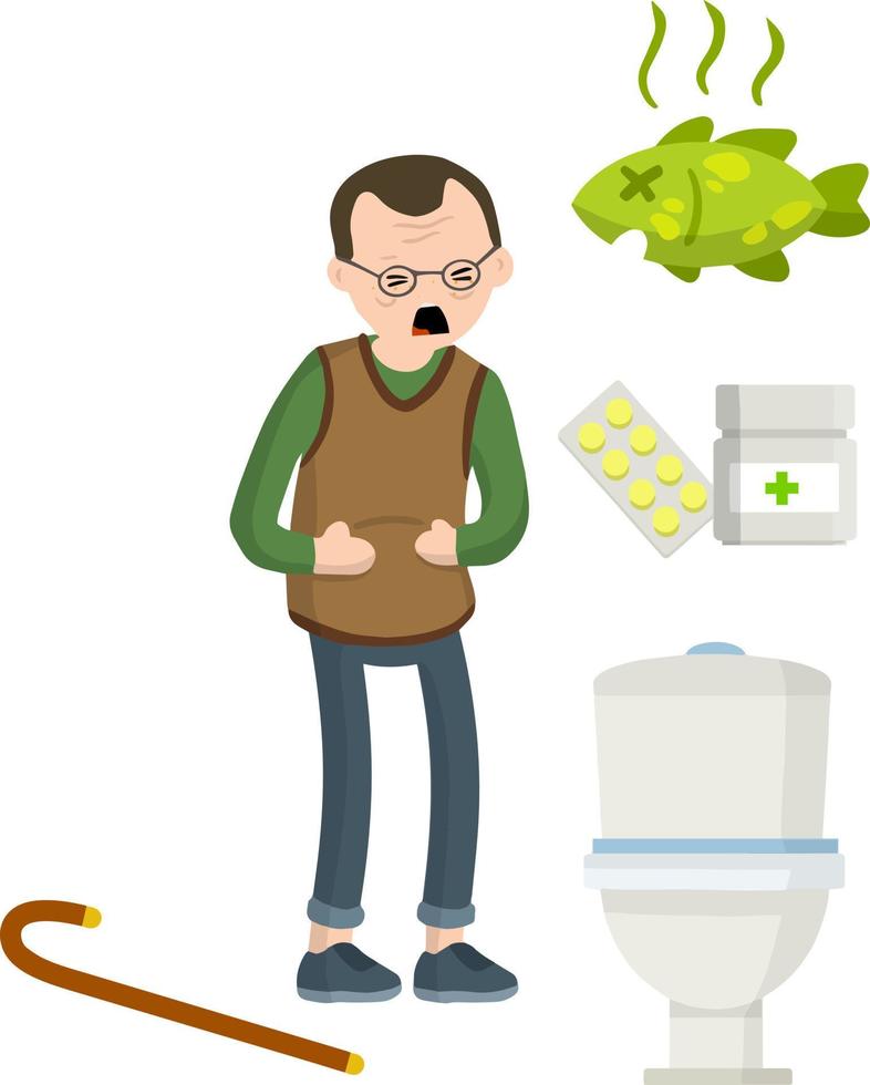 Diarrhea, upset stomach. Old Man holding belly. Poor nutrition. Health problem. Toilet bowl, medicine and pills, rotten fish and food. Set of indigestion Icons. Medical assistance in case of poisoning vector