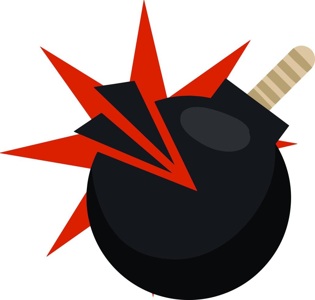 bomba redonda negra plana con mecha de cuerda aislada en blanco. dinamita explosiva vector