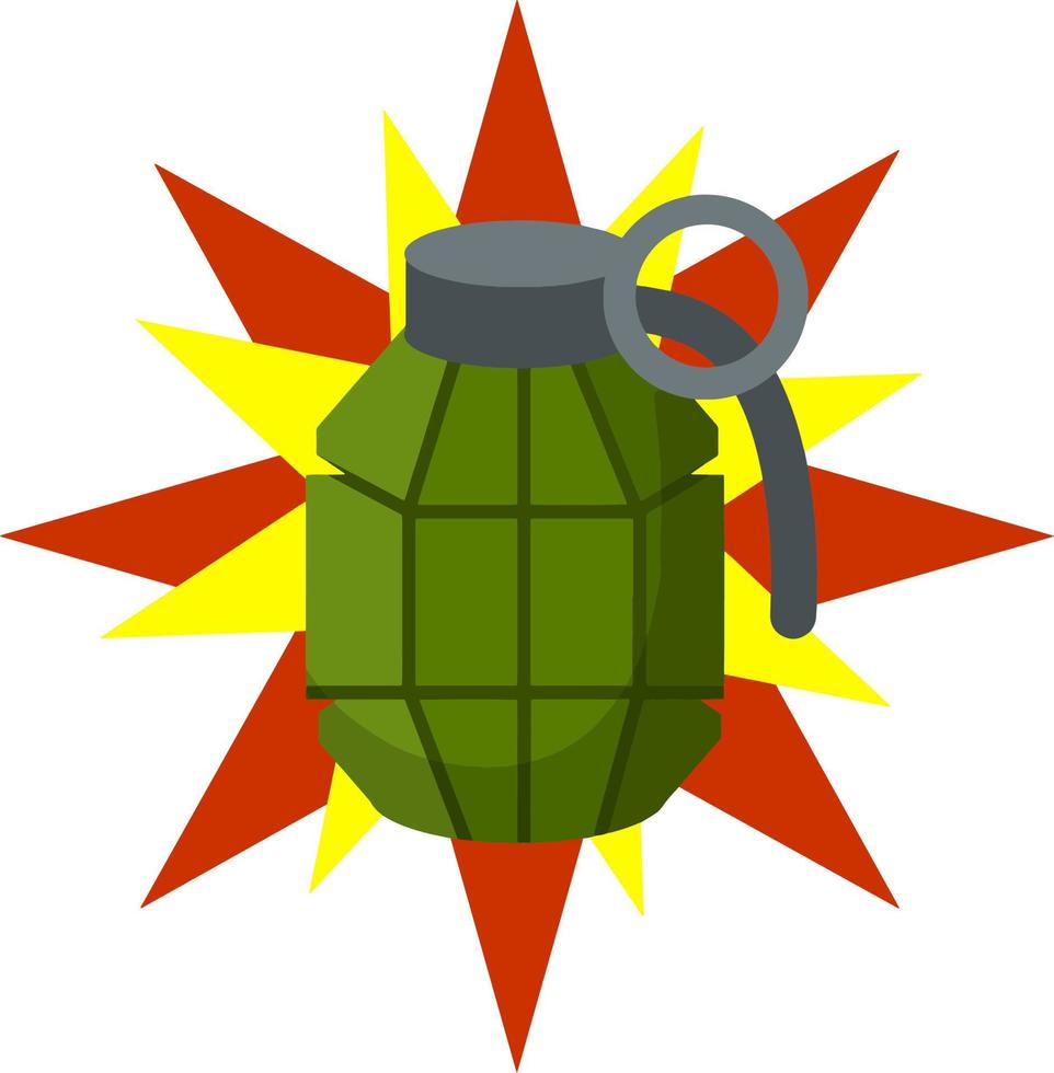 Vector Green bomb. Grenade icon. Weapons and bombshell. Soldier equipment and ammunition. Element of modern warfare. Cartoon flat illustration.