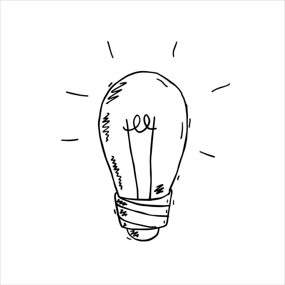 Light Bulb. Sketch drawn electric device. Black and white illustration. Cartoon doodle lighting concept and idea. Solution and creative vector