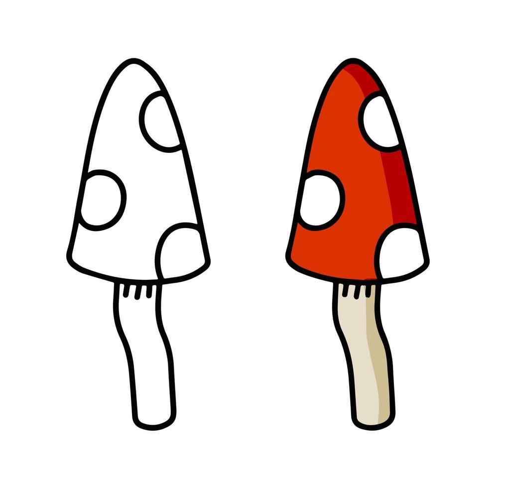 Poisonous mushroom. Fly agaric with red cap. Outline cartoon illustration vector