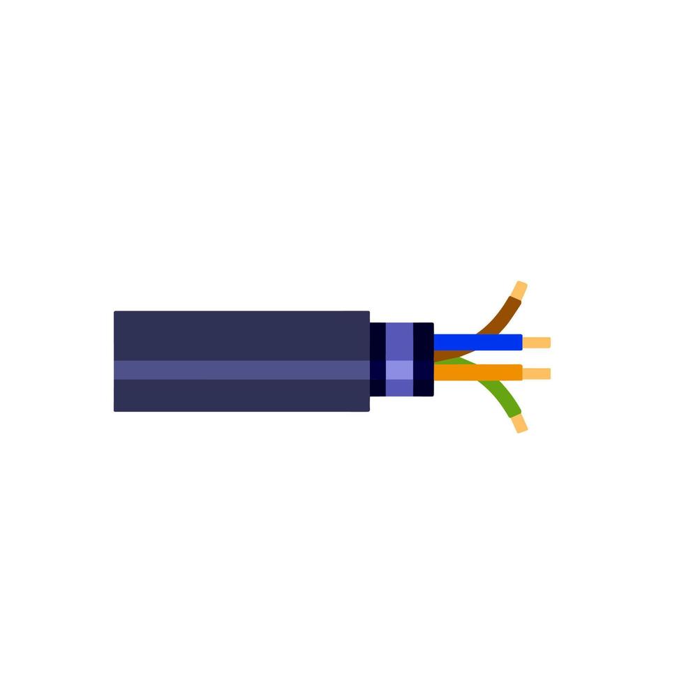 Internet cable. Flexible coaxial cord with copper core in colored braid. Electronic component of computer. vector