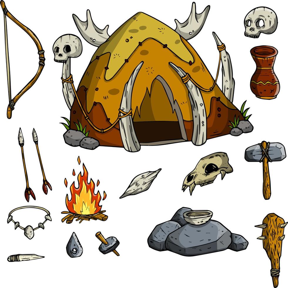 Set of caveman items. A hut of skins and bones, a wooden club, a torch, the skull of an animal. The lifestyle of primitive man. Cartoon illustration vector