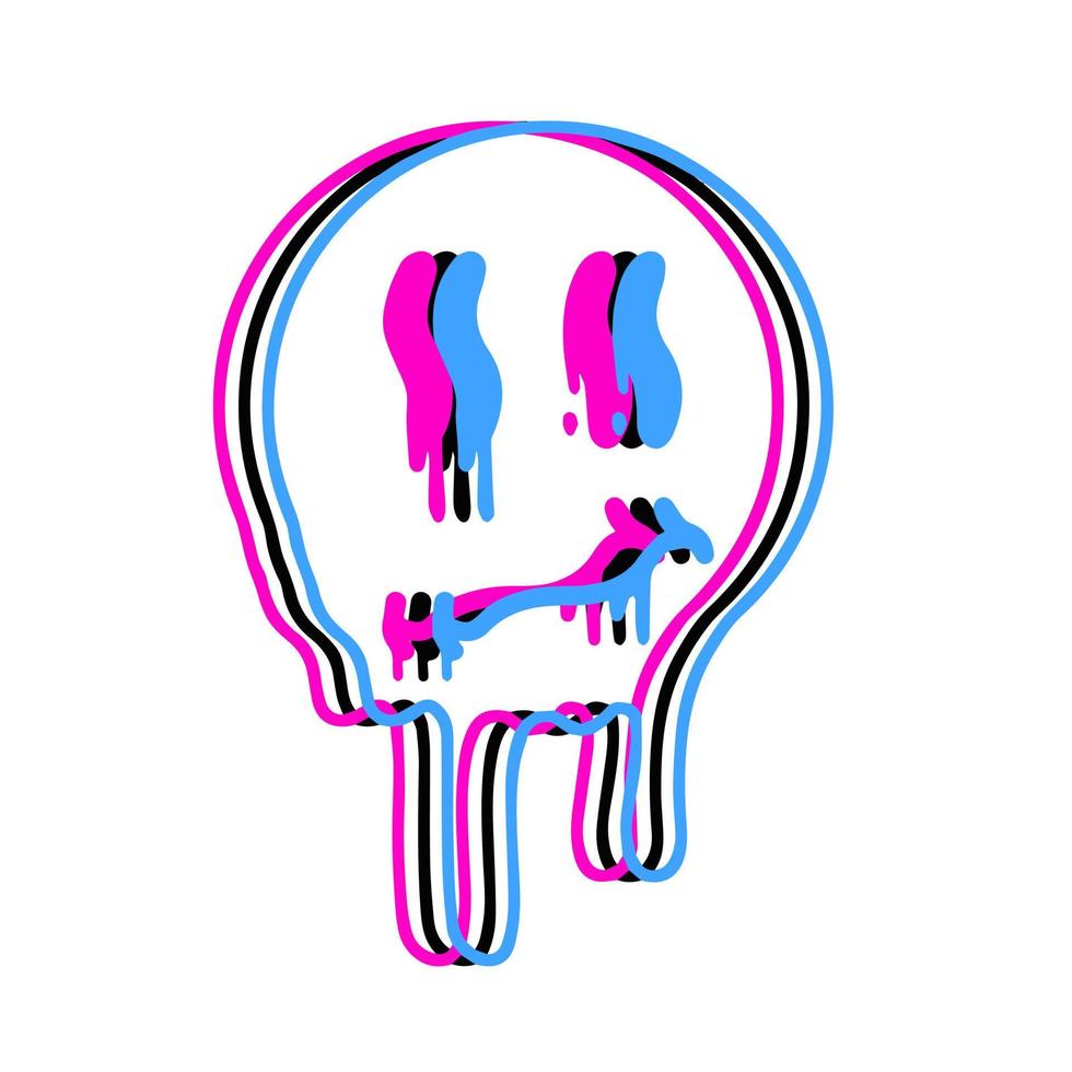 Acid smile face. Melted rave and techno symbol of 90s. Trendy Psychedelic print vector