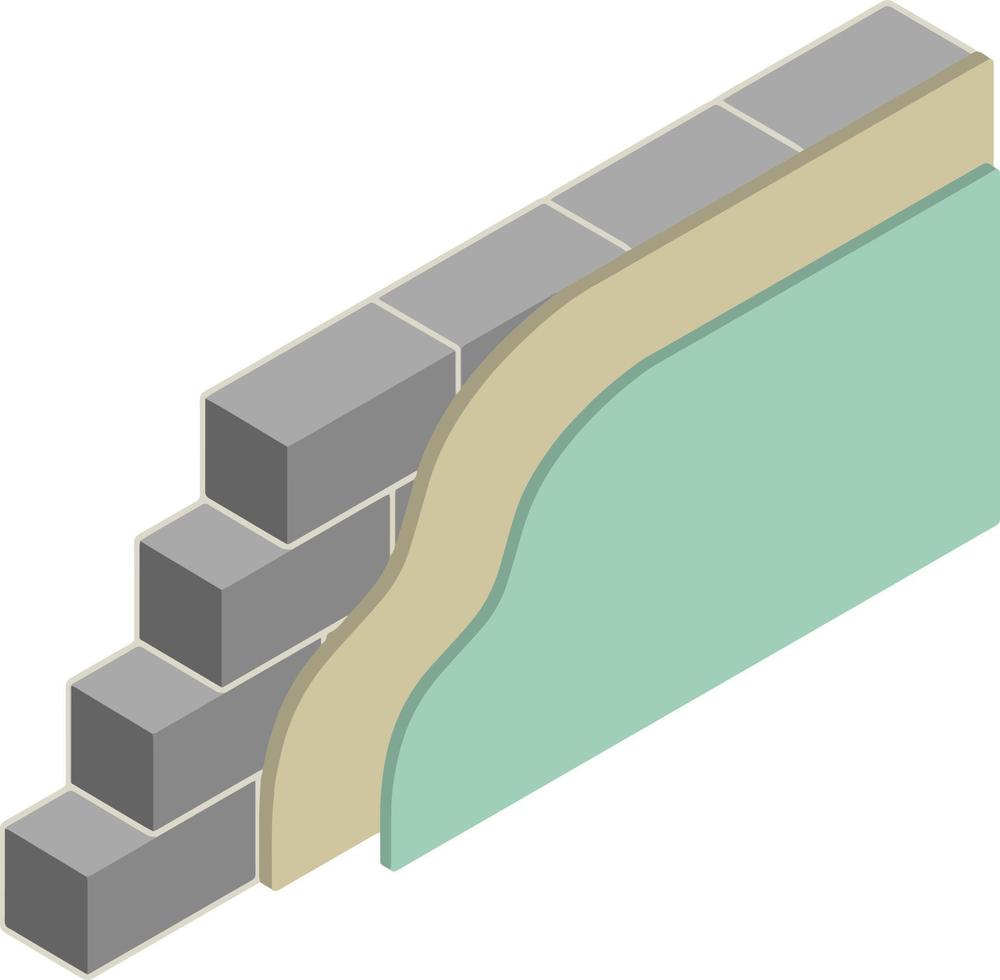 Brick wall in isometry with layers of plaster and insulation. Material for home repair. Construction of buildings. Scheme of applying blue and yellow layer vector