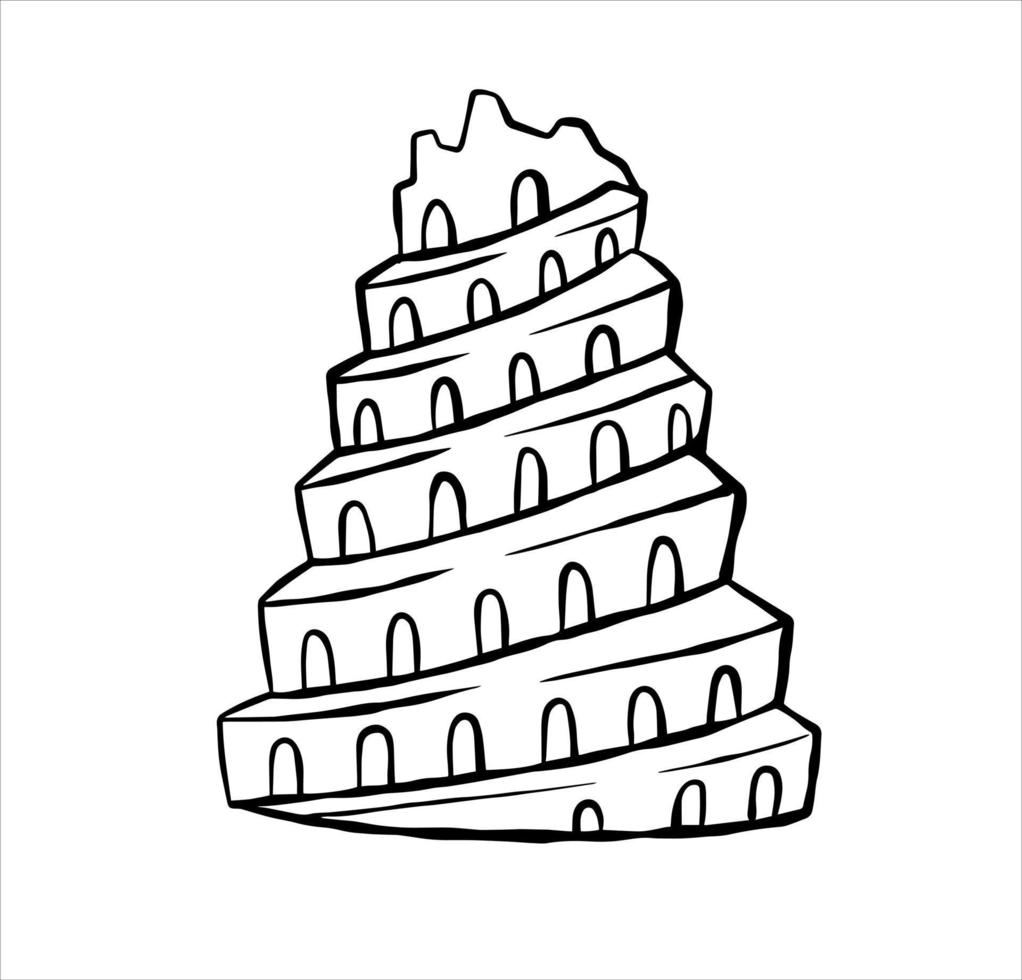 Tower of Babel. Ancient city Babylon of Mesopotamia and Iraq. Biblical story. Sumerian civilization. History and archaeology. Hand drawn sketch isolated on white vector