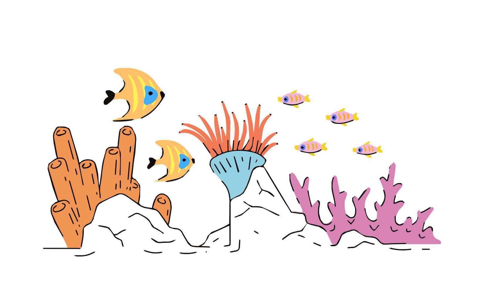 Corals on reef. Underwater plants. Exotic tropical undersea. Flat cartoon illustration vector