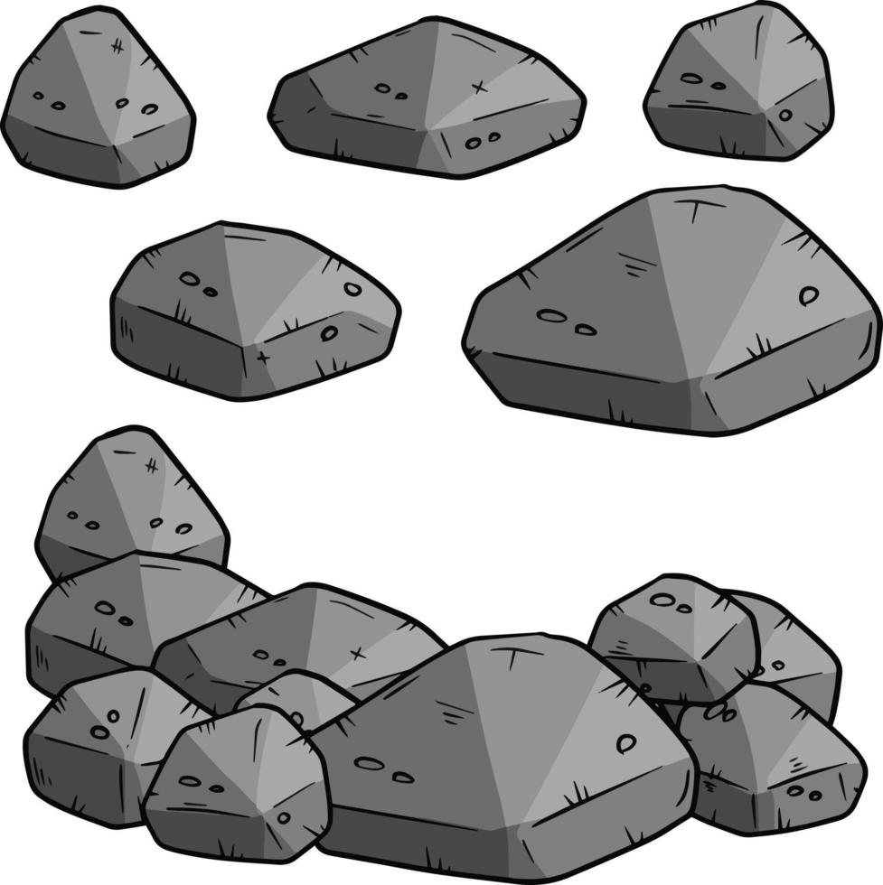 Set of gray granite stones of different shapes. Element of nature, mountains, rocks, caves. Minerals, boulder and cobble isolated on white vector