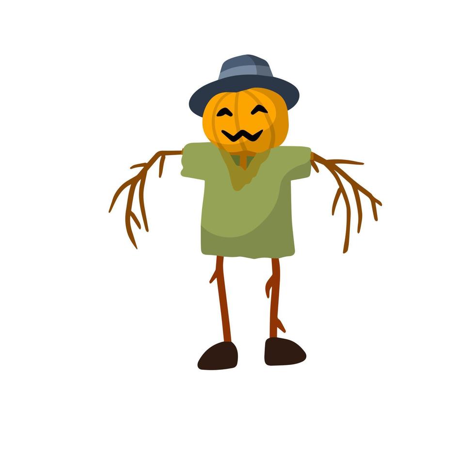 Scarecrow with a pumpkin head. Funny bogeyman with hat. A fabulous Halloween Character. Old clothes and a stick. Flat cartoon illustration vector