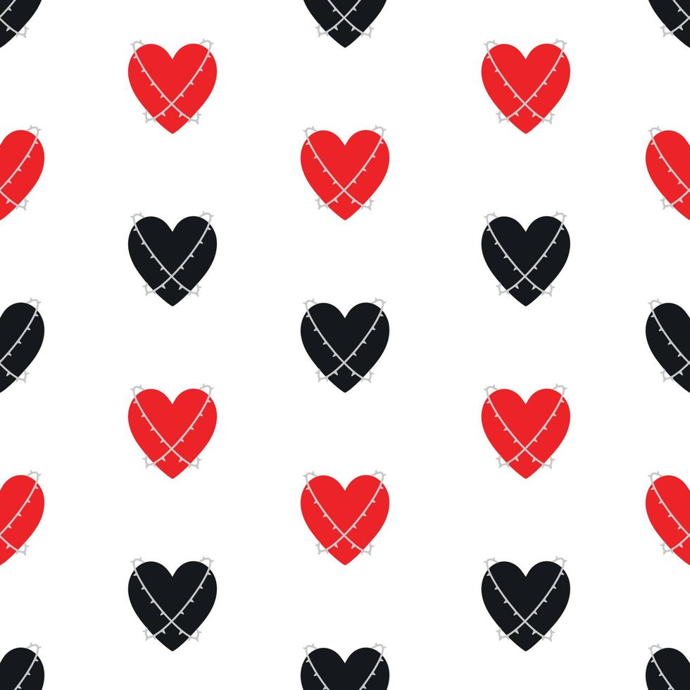 Pattern with hearts in wires. Black and red heart pattern. Vector silhouette of heart. Card for Valentine's Day.