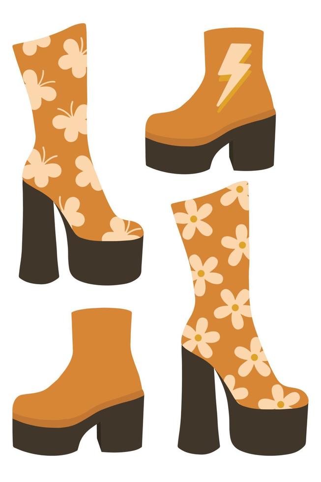 conjunto de botas retro con tacones. botas retro hippie al estilo de los años 70. conjunto vectorial de botas con tacones. vector