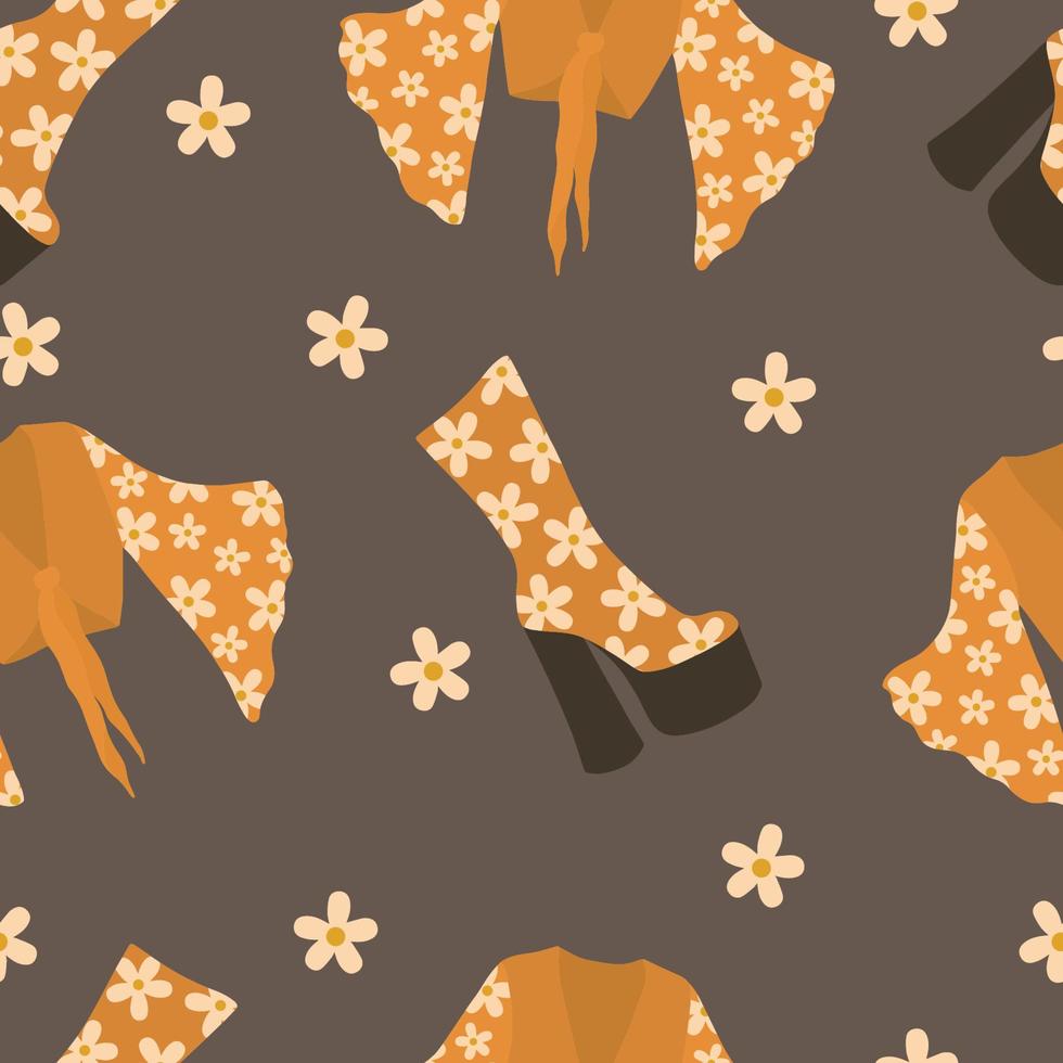 Pattern of retro hippie clothes in the style of the 70s. Pattern with hippie clothes. Pattern with retro clothes. Card of retro hippie clothes. vector