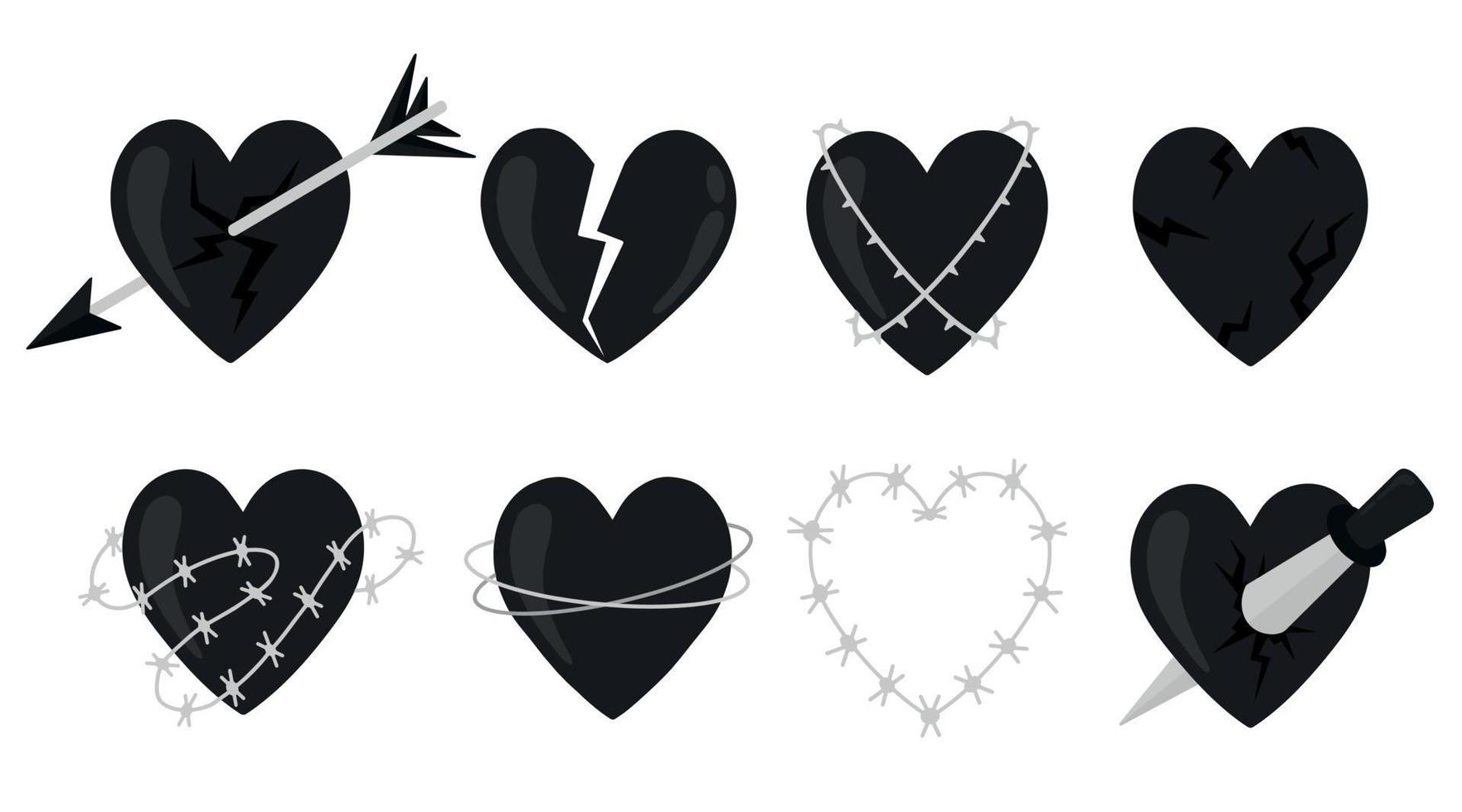 conjunto vectorial de corazones estilizados. iconos de corazón negro del día de san valentín. corazones rotos en alambre de púas. iconos de corazones de amor infeliz. vector