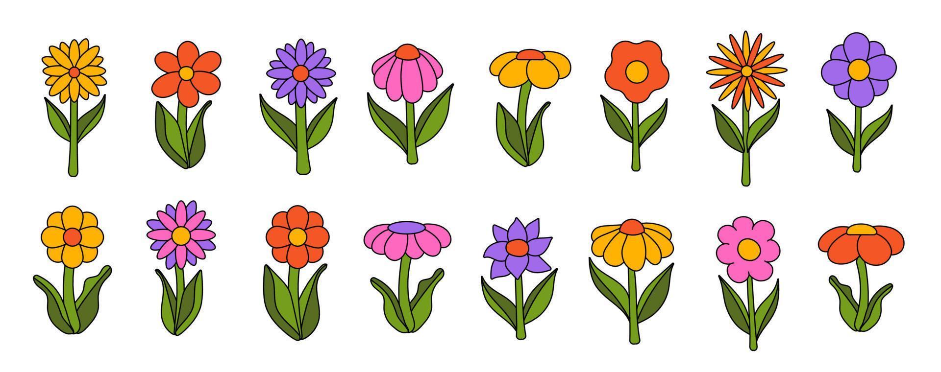 Collection of simple blooming flowers in 1970s psychedelic hippie style. Set of graphic stickers in retro design. groovy background. editable stroke isolated vector illustration
