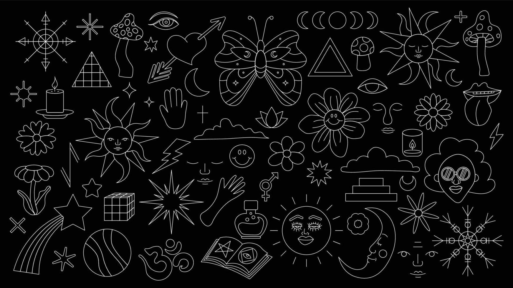 Magic background in retro style with hand drawn elements. Decorative mystical vector isolated pattern. editable stroke stickers. Esoteric element in minimalism. Collection of occult symbols tattoo art