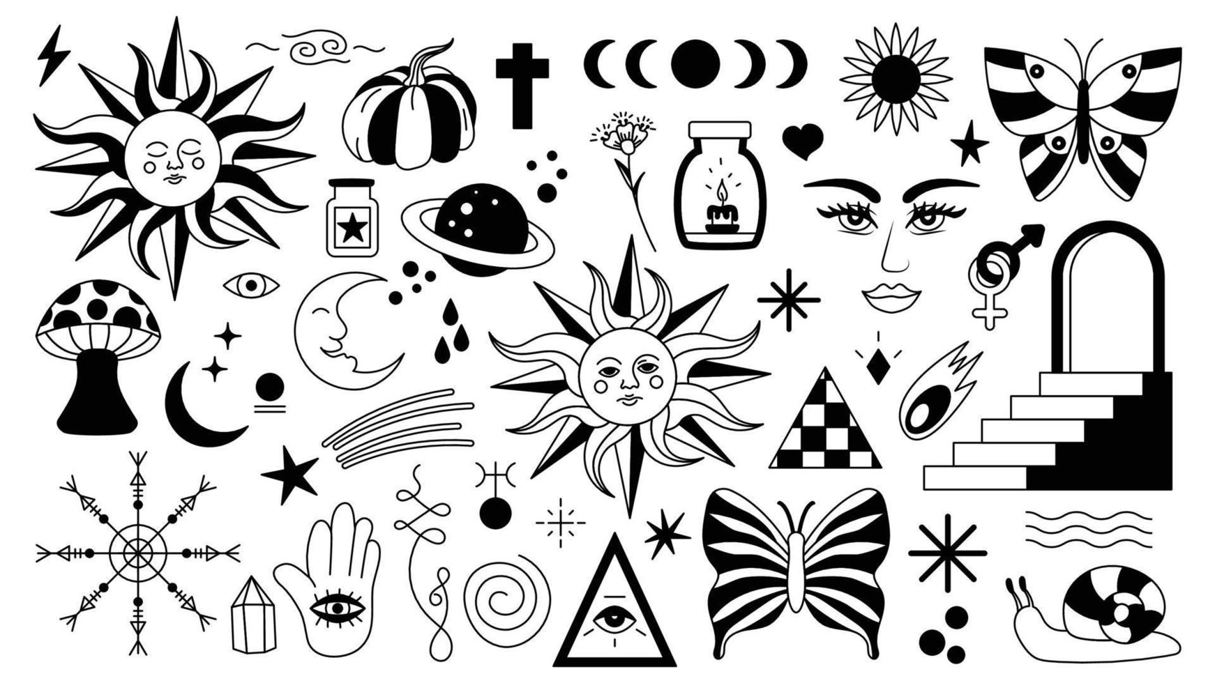 fondo mágico en estilo retro con elementos dibujados a mano. patrón aislado de vector místico decorativo. pegatinas de trazo editables. elemento esotérico en el minimalismo. colección de arte del tatuaje de símbolos ocultos